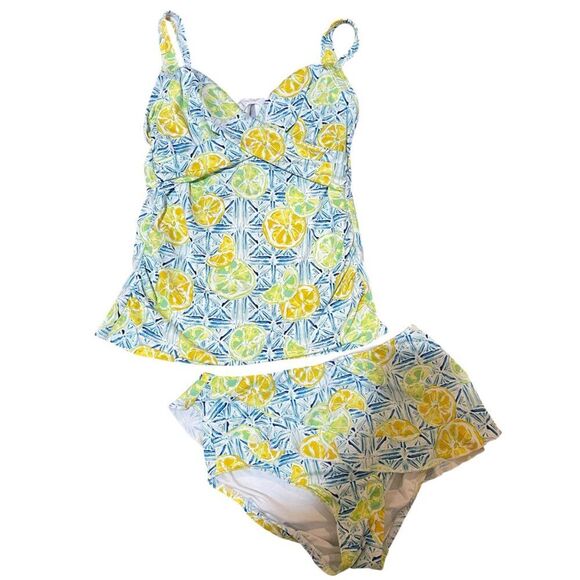 Lands End 4 Twist Front Underwire Tankini Skirt Bottoms Swimsuit Set Lemons Blue - Picture 1 of 13
